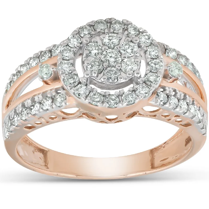 3/4 Ct Halo Round Diamond Multi Band Engagement Ring Rose Gold