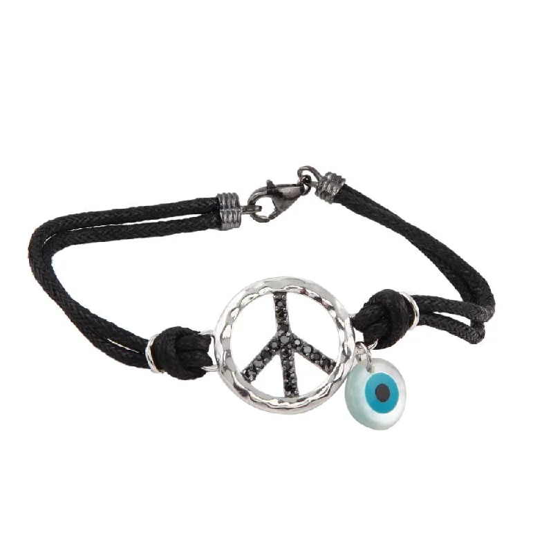 Silver 925 Rhodium Plated Black CZ Peace Sign and Evil Eye Black Cord Bracelet - STB00409