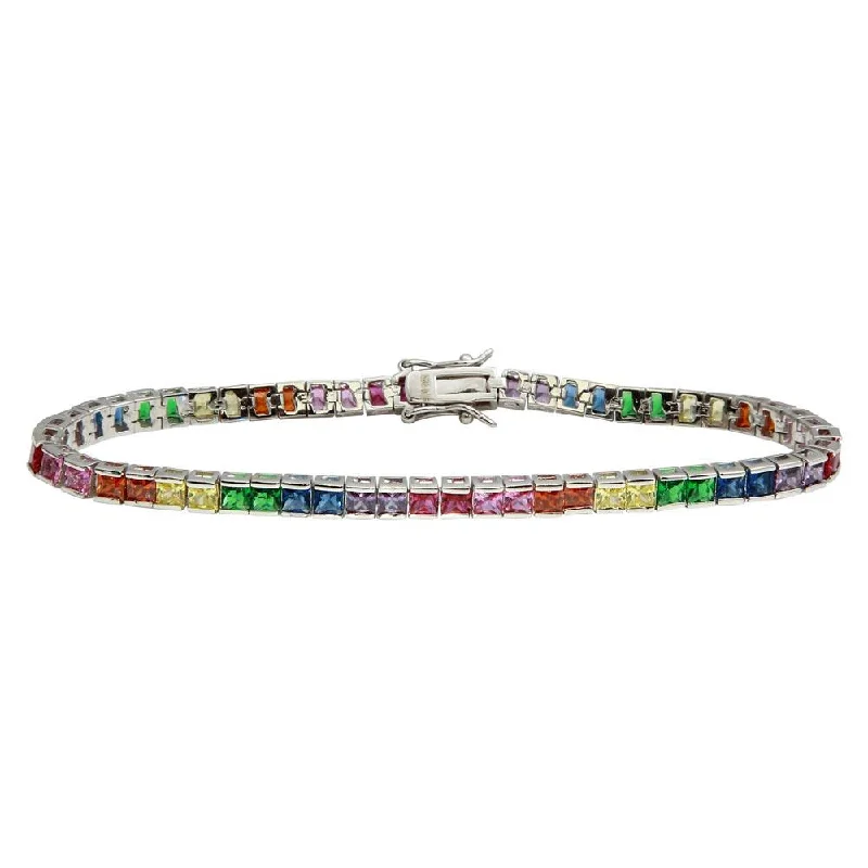 Rhodium Plated 925 Sterling Silver Square Rainbow CZ Tennis Bracelet - STB00094RB