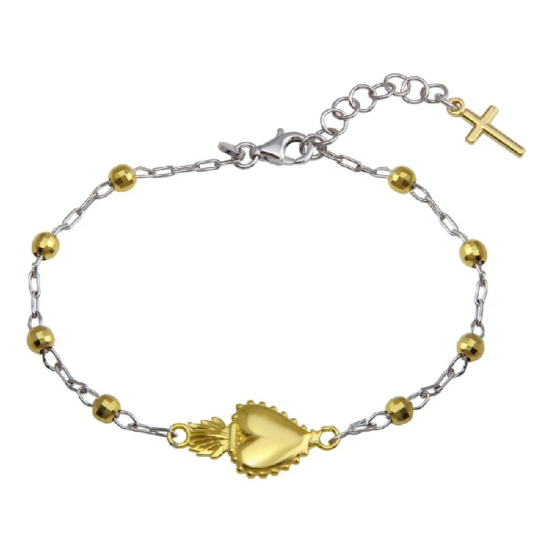 Gold Plated 925 Sterling Two-Tone 925 Sterling Silver Heart Center DC Bead Bracelet - ARB00053RH-GP