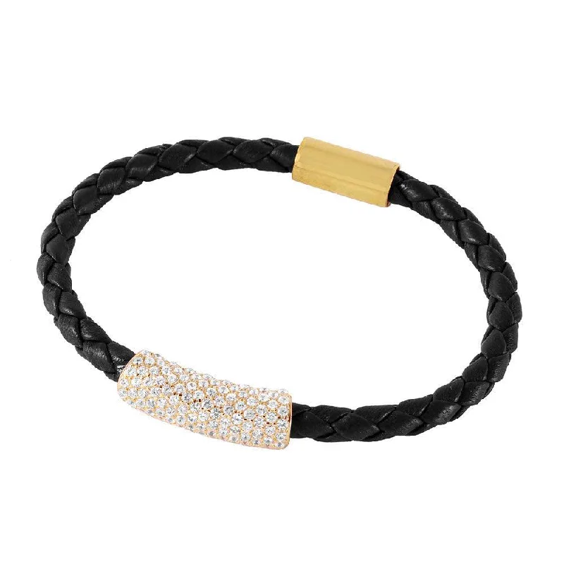 Clearance-SIlver 925 Gold Plated CZ Bar Italian Leather Bracelet - ITB00142GP-BLK