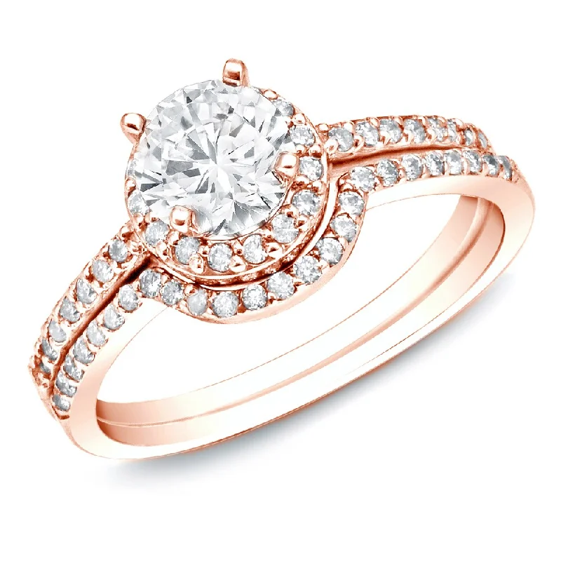 Auriya 14k Rose Gold 1ctw Round Halo Diamond Engagement Ring Set