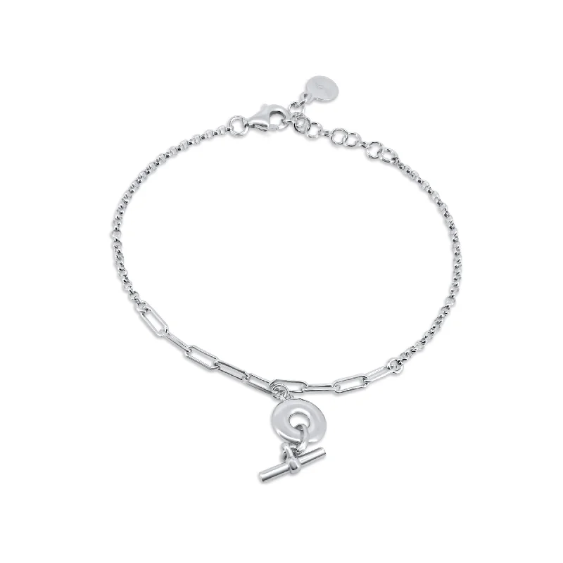 Rhodium Plated 925 Sterling Silver Rolo Donut Bar Adjustable Bracelet - ITB00333-RH