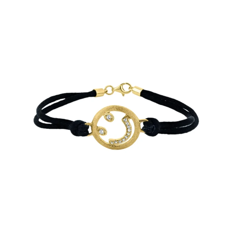 Clearance-Silver 925 Gold Plated Happy Face Clear CZ Black Cord Bracelet - STB00432