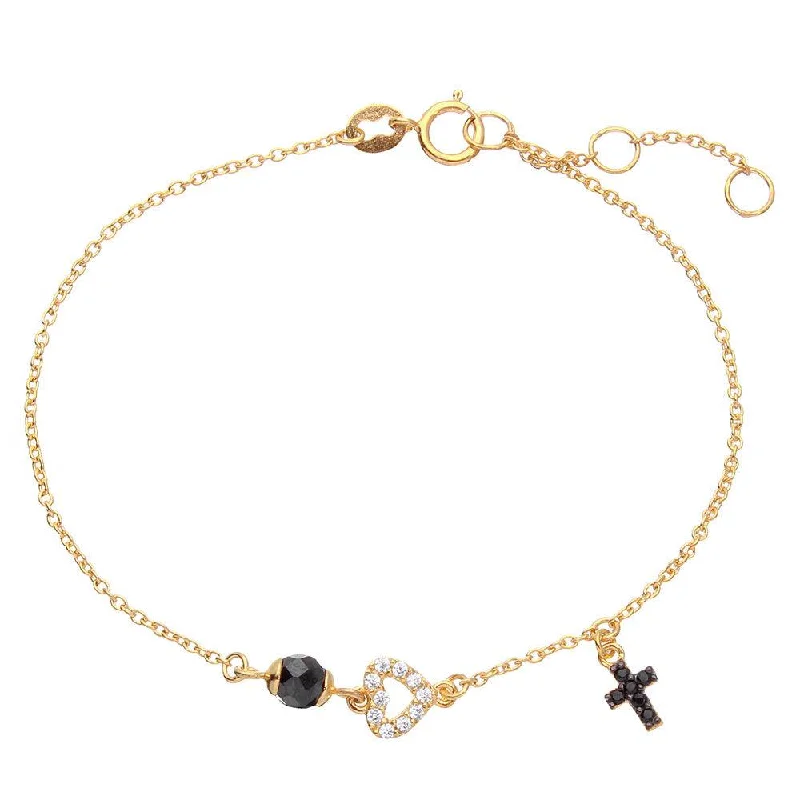 Gold Plated 925 Sterling Silver Bracelet with Cross, Open Heart and Black CZ Bead - BGB00279