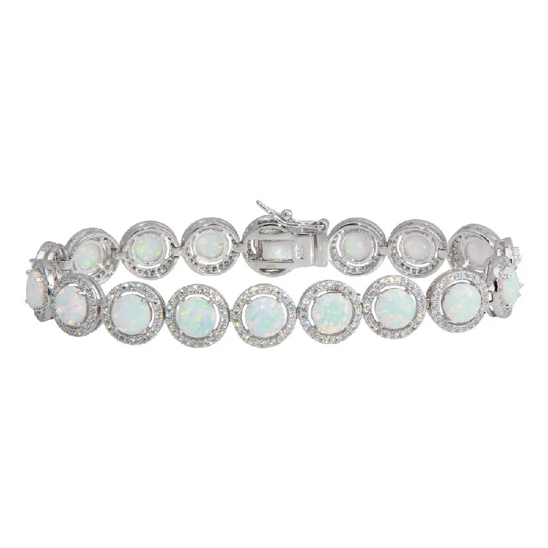 Rhodium Plated 925 Sterling Silver Halo CZ Synthetic Opal Tennis Bracelet - BGB00321