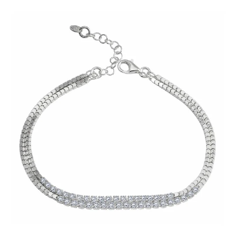 Clearance-Rhodium Plated 925 Sterling Silver Double Strand CZ Bracelet - ECB00111RH