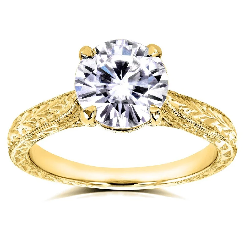 Annello by Kobelli 14k Yellow Gold 1 1/2ct TGW Forever One Moissanite and Diamond Antique Cathedral Engagement Ring