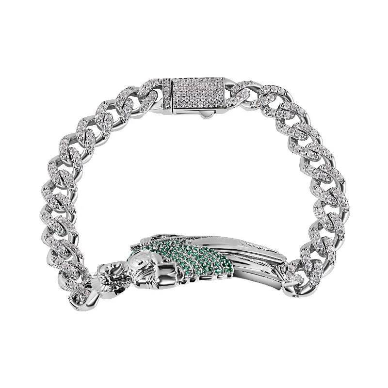 Rhodium Plated 925 Sterling Silver Rectangle St Jude Clear CZ Studded Cuban 8.8mm Bracelet - GMB00136