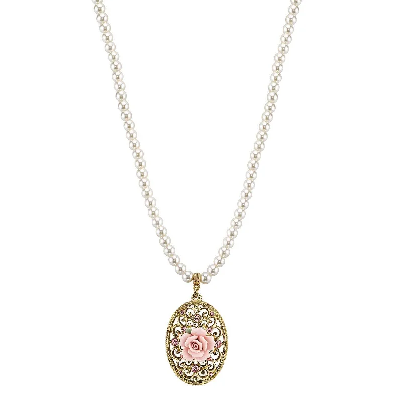 1928 Bridal 6mm Faux Pearl Strand Pink Porcelain Rose Crystal Oval Filigree Pendant Necklace 15" + 3" Extender