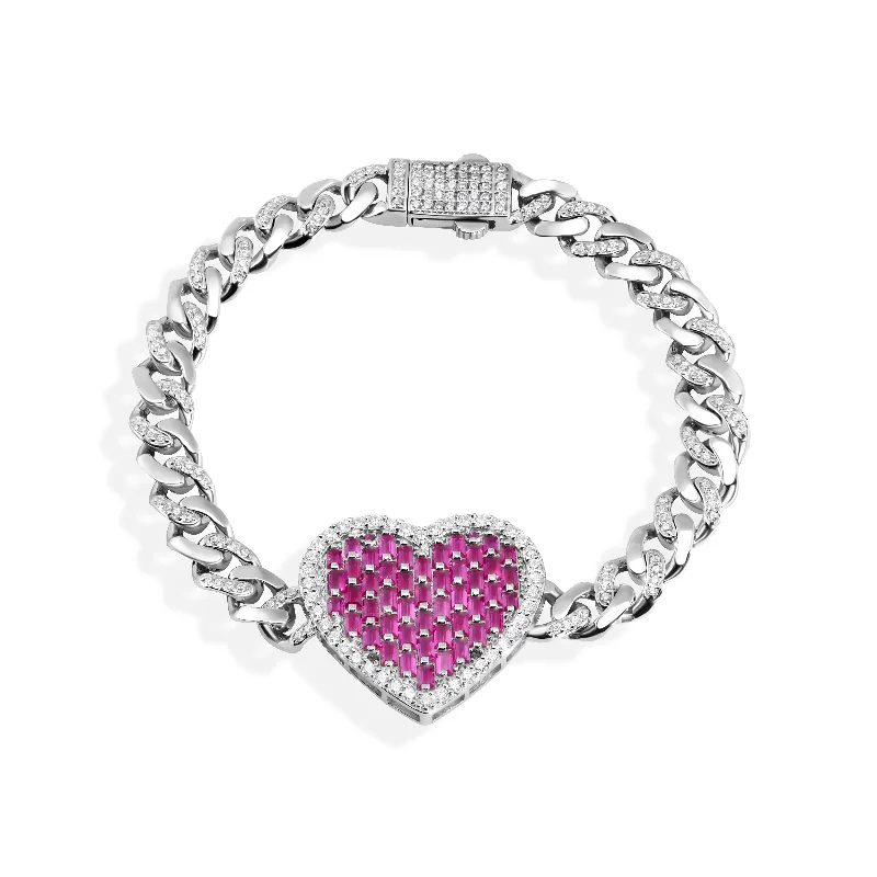 Rhodium Plated 925 Sterling Silver 6.4mm Heart Baguette Pink and Round Clear CZ Studded Bracelet - GMB00131