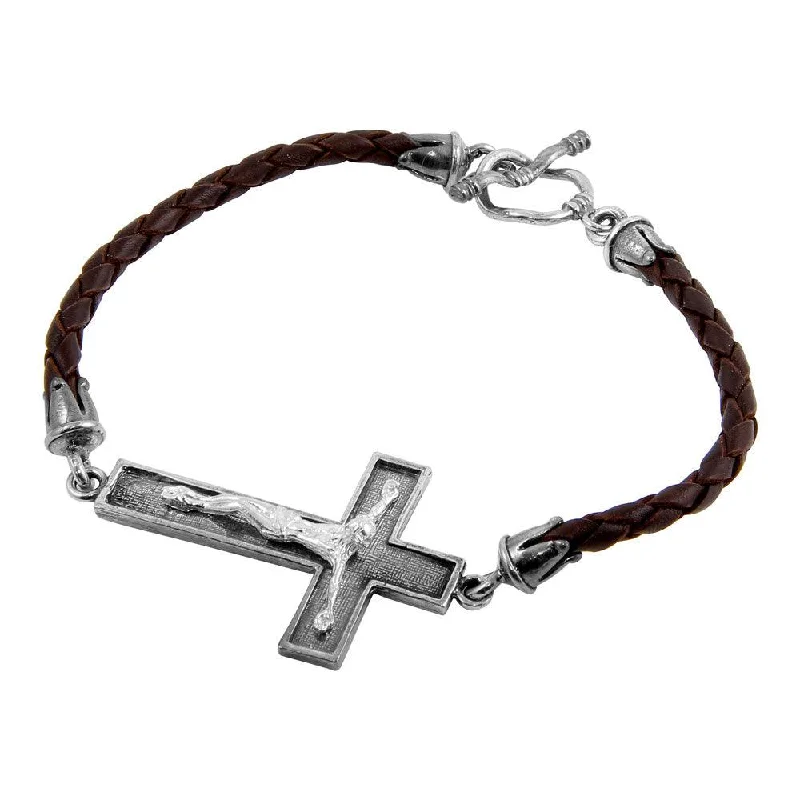 Clearance-Oxidized 925 Sterling Silver Cross on a Leather Strap Bracelet - OXB00014