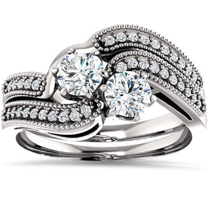 1.00CT Two Stone Diamond Forever Us Engagement Ring Set White Gold