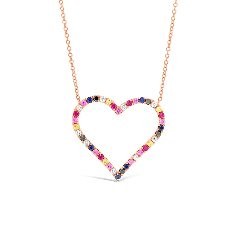 Diamond & Rainbow Gemstone Heart Pendant Necklace