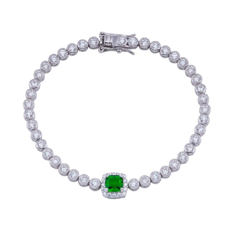 925 Sterling Silver Green CZ Green Halo Center Bubble Tennis Bracelet - BGB00363