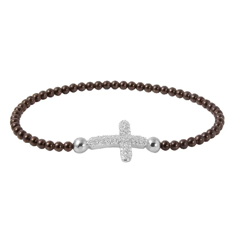 Clearance-Silver 925 Black Rhodium Plated Beaded Italian Bracelet With CZ Encrusted Cross - ITB00196BLK