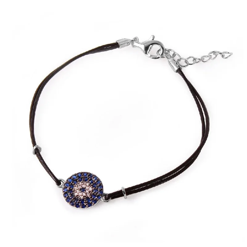 Silver 925 Blue CZ Evil Eye Leather Strap Bracelet - BGB00160