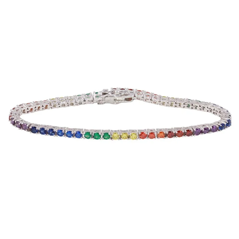 Rhodium Plated 925 Sterling Silver Rainbow CZ Tennis Bracelet - BGB00320