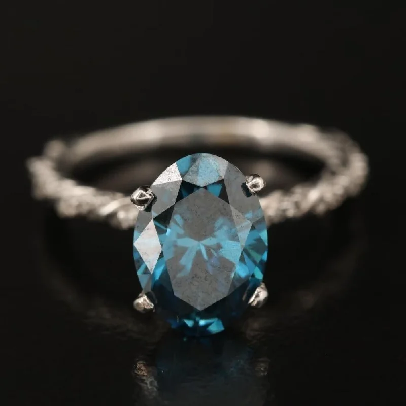 3 1/10Cttw Oval Blue Diamond Engagement Ring White Gold Lab Grown