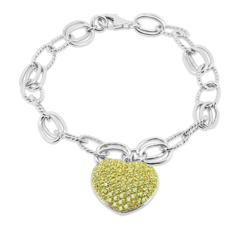 Clearance-Silver 925 Rhodium Plated Yellow CZ Heart Bracelet - STB00345