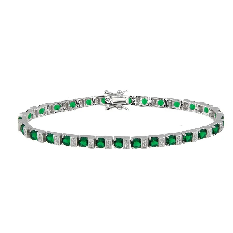 Silver 925 Rhodium Plated Green and Clear CZ Tennis Bracelet - STB00344GREEN