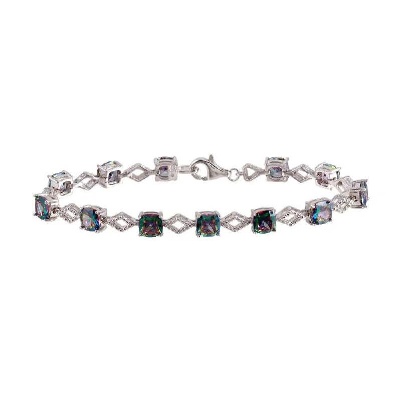 Rhodium Plated 925 Sterling Silver Mystic Topaz CZ Link Bracelet - BGB00331MYS