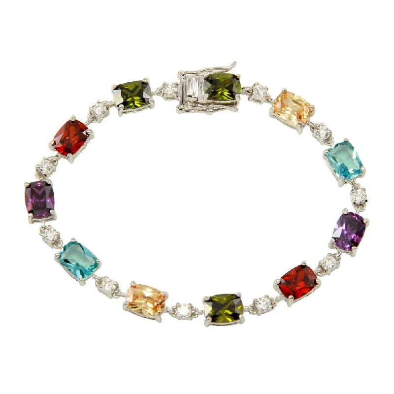 Rhodium Plated 925 Sterling Silver Clear and Multi-Colored CZ Tennis Bracelet - BGB00312MUL