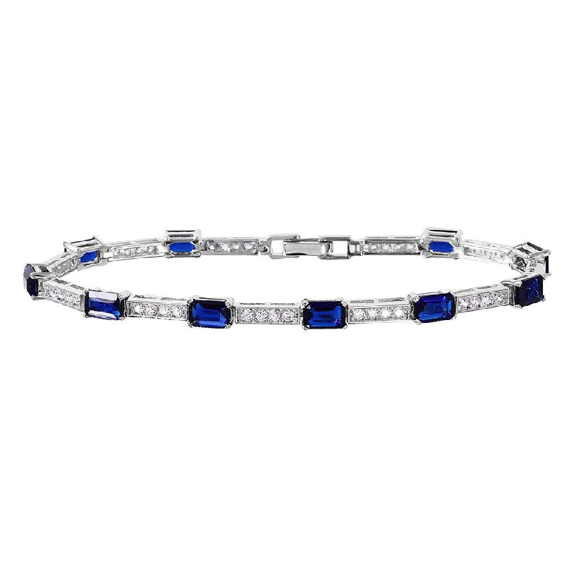 Rhodium Plated 925 Sterling Silver Multi Square Clear and Blue CZ Tennis Bracelet - GMB00032RH-SEP