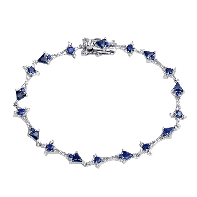 Rhodium Plated 925 Sterling Silver Blue CZ Tennis Link Bracelet - BGB00314BLU