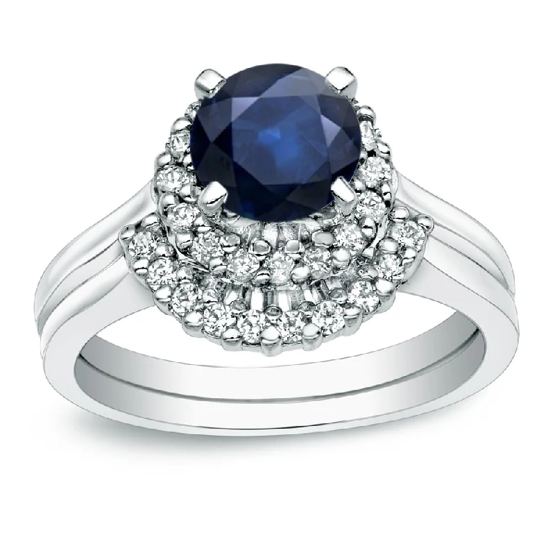 Auriya 14k Gold 3/4ct Blue Sapphire and 1/4ctw Halo Diamond Engagement Ring Set