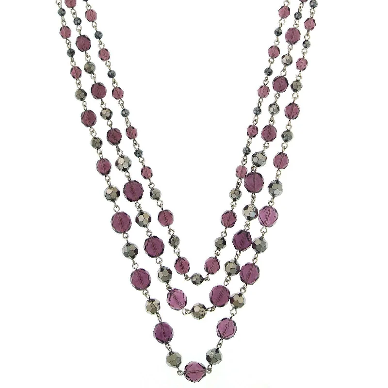 2028 Jewelry Amethyst Purple and Hematite-Color Beaded 3-Strand Necklace 16" + 3" Extender