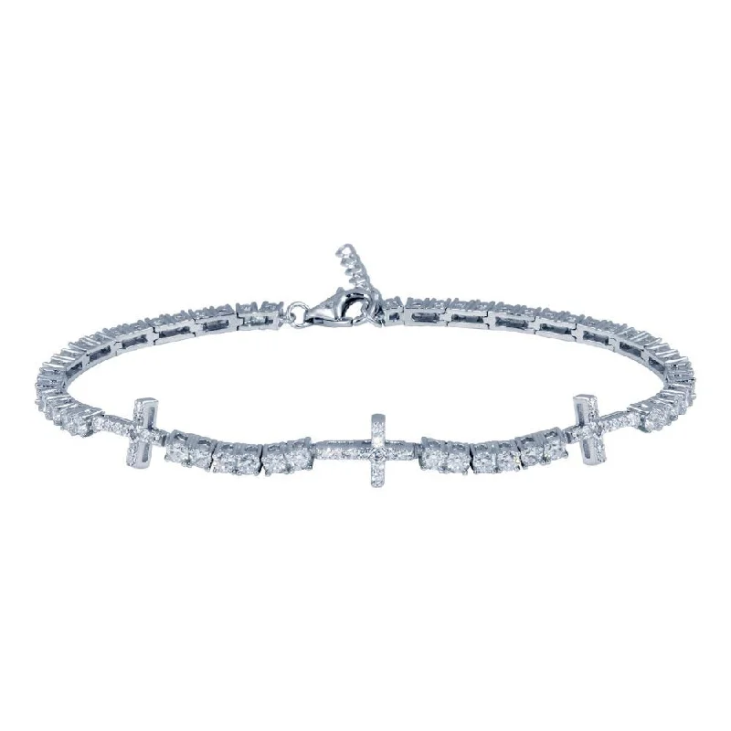 Rhodium Plated 925 Sterling Silver 7.6mm Cross Link CZ Tennis Bracelet - STB00608