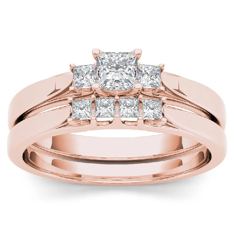 De Couer 14k Rose Gold 1/2ct TDW Diamond Three-Stone Engagement Ring Set with One Band