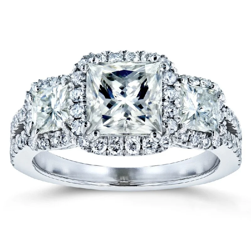 Annello by Kobelli 14k Gold 2 4/5ct TGW Princess Moissanite and Diamond Halo 3-Stone Engagement Ring (GH/VS, GH/I)