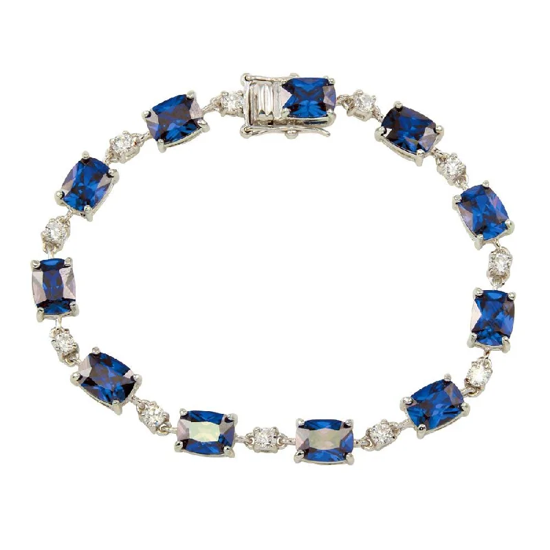 Rhodium Plated 925 Sterling Silver Clear and Blue CZ Tennis Bracelet - BGB00312BLU