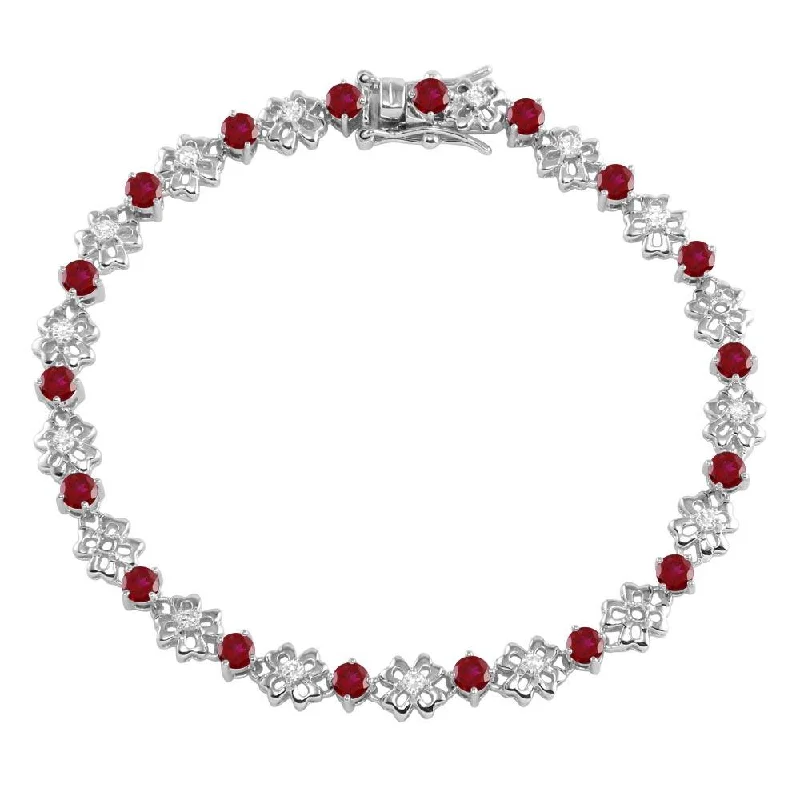 Rhodium Plated 925 Sterling Silver Flower Link  Bracelet with Clear And Red CZ - BGB00304GAR