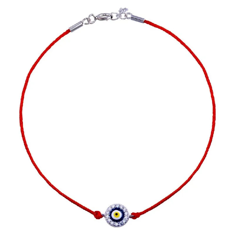 Rhodium Plated 925 Sterling Silver Round Evil Eye CZ Red Cord Bracelet - STB00598