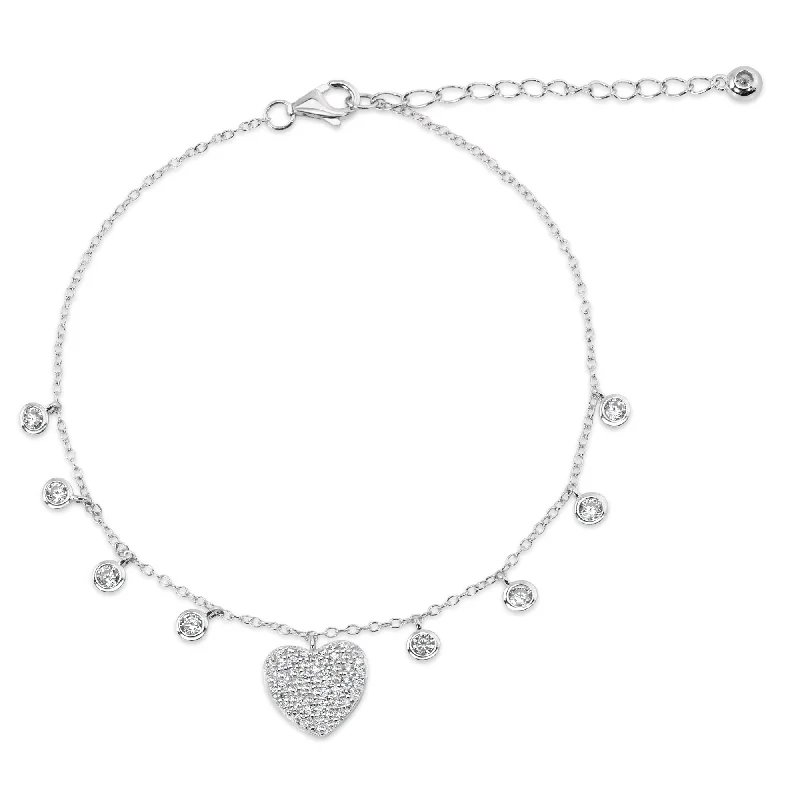 Rhodium Plated 925 Sterling Silver Heart and Round Dangling Charm Bracelet - STB00625