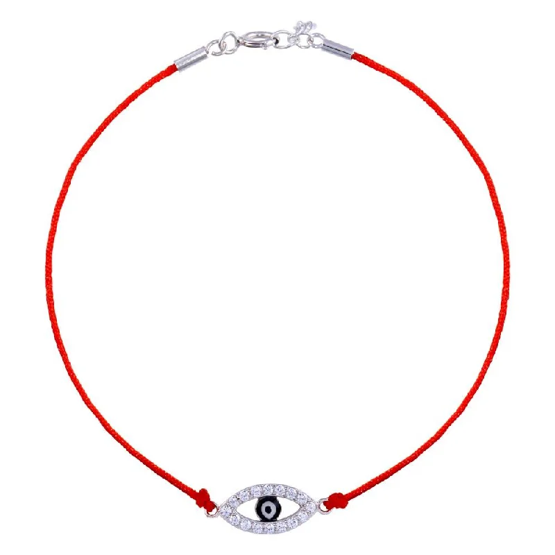 Rhodium Plated 925 Sterling Silver Evil Eye CZ Red Cord Bracelet - STB00594