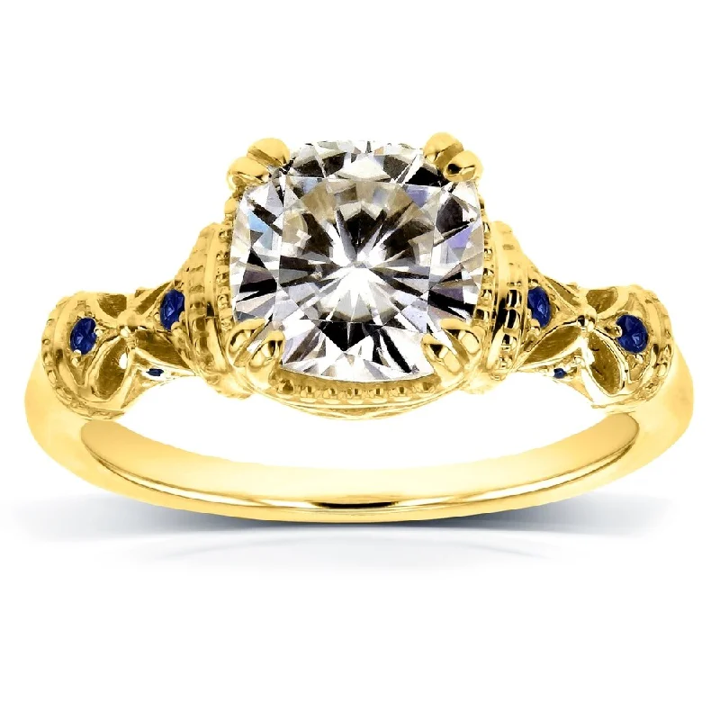 Annello by Kobelli 14k Yellow Gold 1-3/4ct TGW Antique Cushion-cut Moissanite Engagement Ring with Blue Sapphire