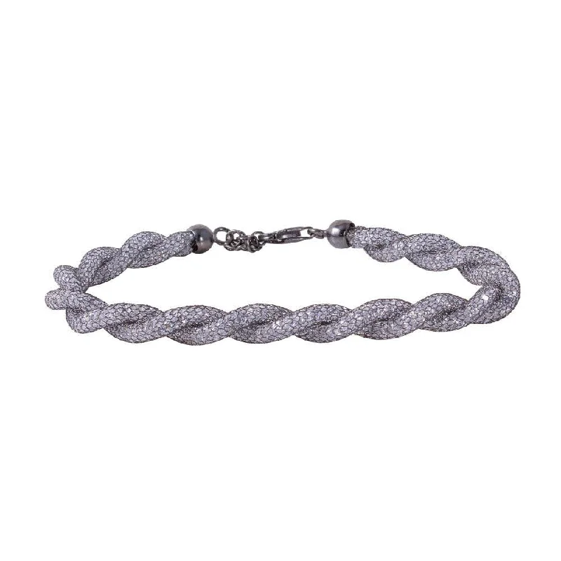 Clearance-Silver 925 Black Rhodium Plated Braided Mesh CZ Italian Bracelet - ECB00070BL