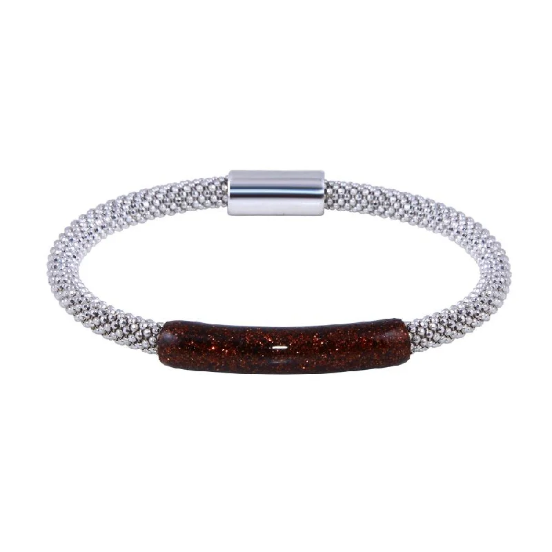 Clearance-Rhodium Plated 925 Sterling Silver Bar Glitter Magnetic Bracelet - SPB00010