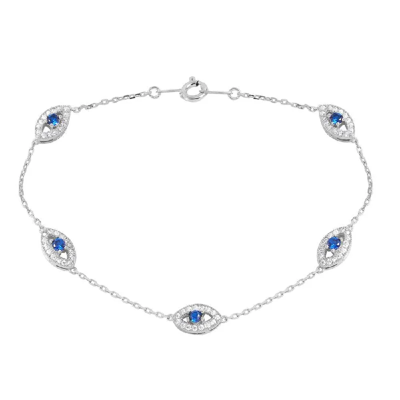 Silver 925 Rhodium Plated Small Round Evil Eye Chain Bracelet - GMB00027RH