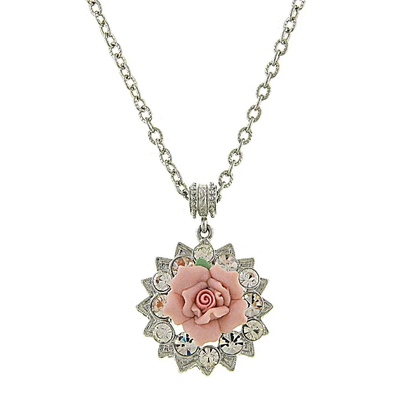 1928 Jewelry Pink Porcelain Rose Crystal Accent Pendant Necklace 16" + 3" Extender