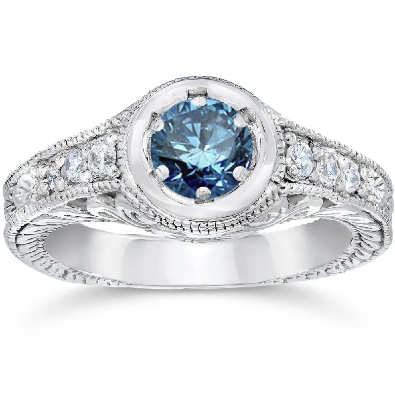 5/8ct Art Deco Treated Blue Diamond Vintage Engagement Ring White Gold