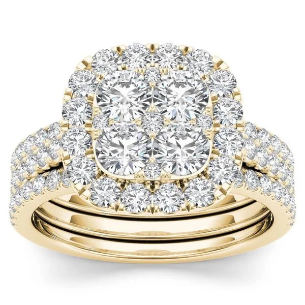 De Couer IGI Certified 14k Yellow Gold 2ct TDW Diamond Halo Engagement Ring Set with Two Bands