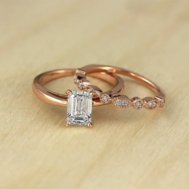 Auriya 14k Gold 1 1/6ctw Vintage Emerald-cut Solitaire Diamond Engagement Ring Set