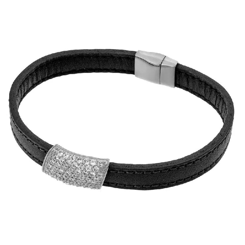 Clearance-Silver 925 Rhodium Plated Clear Micro Pave CZ Black Leather Bracelet - ECB004RH