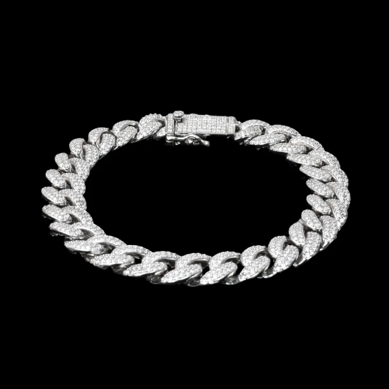 Rhodium Plated 925 Sterling Silver Moissanite Miami Cuban 9.5mm Bracelet or Necklace - MGMB00089