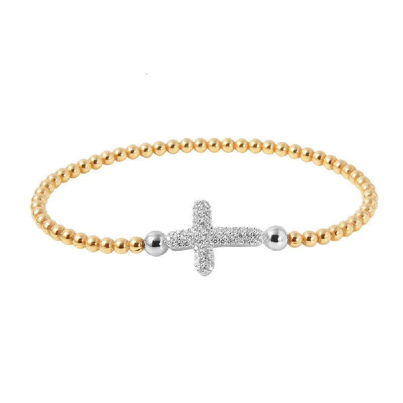 Clearance-Silver 925 Gold Plated Beaded Italian Bracelet with CZ Encrusted Cross - ITB00196GP-RH